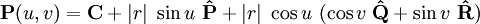 
\bold{P}(u,v) = \bold C 
+ | r | \ \sin u \ \bold{\hat{P}} + | r | \ \cos u \ (\cos v \ \bold{\hat{Q}} + \sin v \ \bold{\hat{R}})
