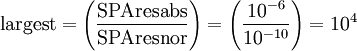 \mbox{largest}=\left ( \frac { \mbox{SPAresabs} }  { \mbox{SPAresnor} } \right ) = \left ( \frac {10^{-6}}{10^{-10}} \right ) = 10^{4}