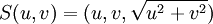 S(u,v)=(u, v, \sqrt{u^2+v^2})\,